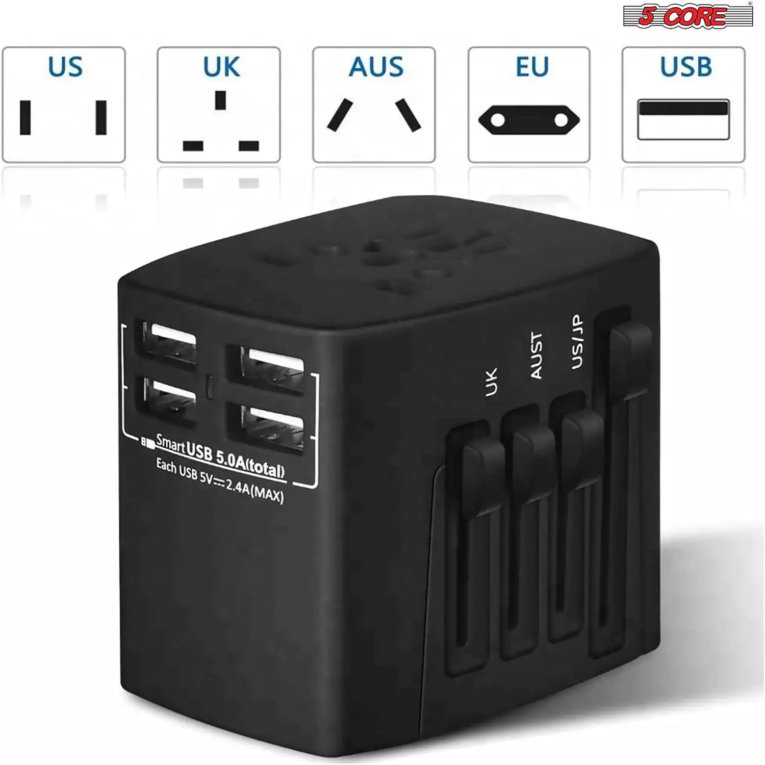 5Core Universal Travel Adapter International Power Adapters 3 Pack Multicharger Plug w 4 USB Ports - Anti Spier 