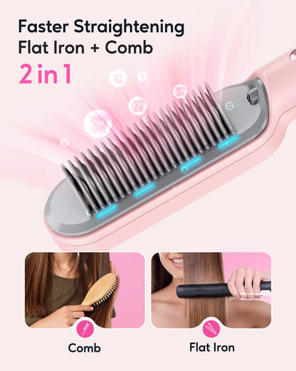 Wavytalk Hair Straightener Brush, Ionic Hair Straightening Comb for Women, Anti-Scald Ceramic Straightening Brush Fast Heating for Home Salon, Dual Voltage Pink.