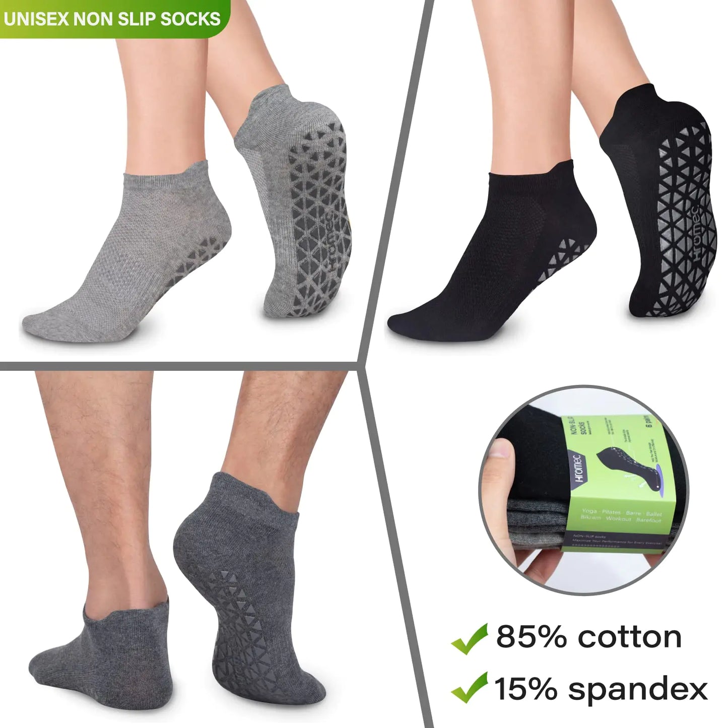 Non Slip Yoga Socks with Grips for Pilates, Ballet, Barre, Barefoot, Hospital Anti Skid Socks for Women and Men Small 6 Pairs-2 Black/2 Dark Gray /2 Gray