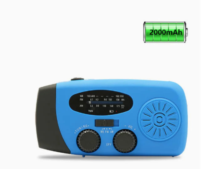 Blue versatile emergency radio with flashlight and 2000mAh battery.