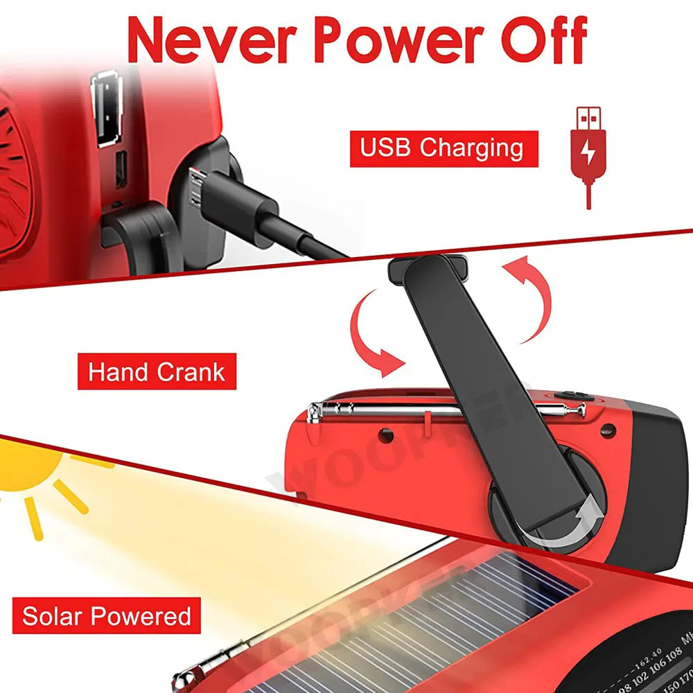 Multifunction emergency radio with USB charging, hand crank, and solar panel for outdoor use.