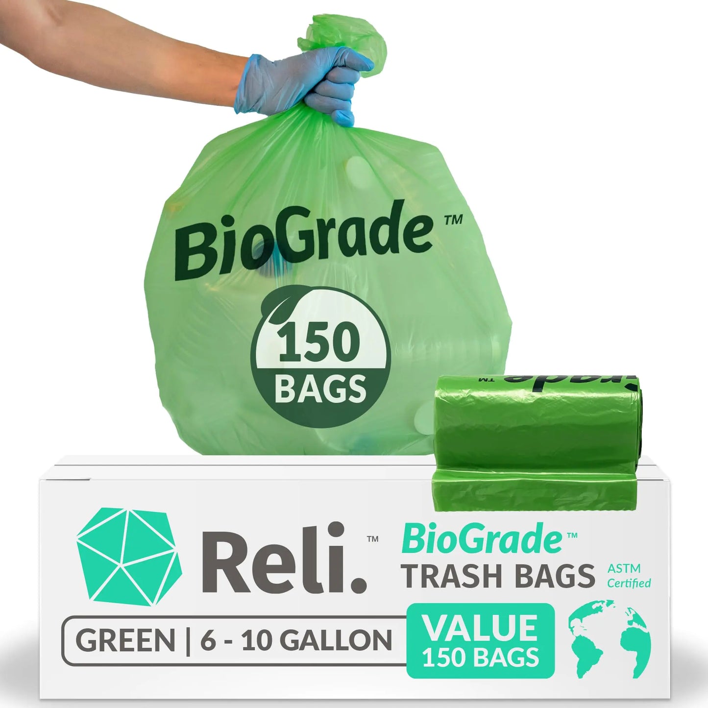 Reli. Biodegradable 6-10 Gallon Trash Bags | 150 Count | ASTM D6954 | Green | Eco-Friendly | Oxobiodegradable Under Certain Conditions (See Product Description)