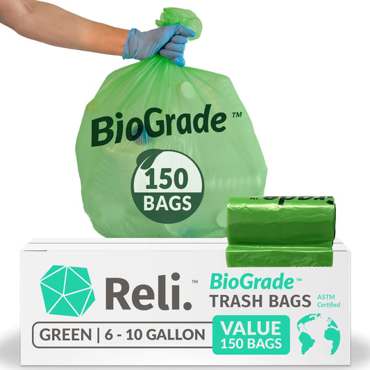 Reli. Biodegradable 6-10 Gallon Trash Bags | 150 Count | ASTM D6954 | Green | Eco-Friendly | Oxobiodegradable Under Certain Conditions (See Product Description)