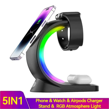 1 Magnetic Wireless Charger Fast ChargingAnti Spier Anti Spier4 In 1 Magnetic Wireless Charger Fast Charging For Smart Phone AtmosphOverview:

Magnetic charging Fast does not hurt the machine
Three in one Make your desktop cleaner
Touch design Convenient and fast
Dream RGB lamp effect Dye yo