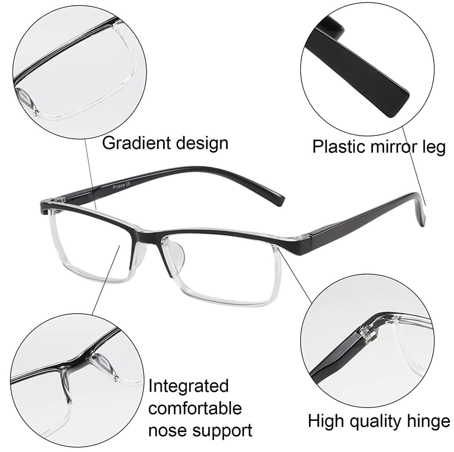 4 Pack Reading Glasses Readers Men Women Square Frame Spring Hinge Unisex Pairs - Anti Spier 