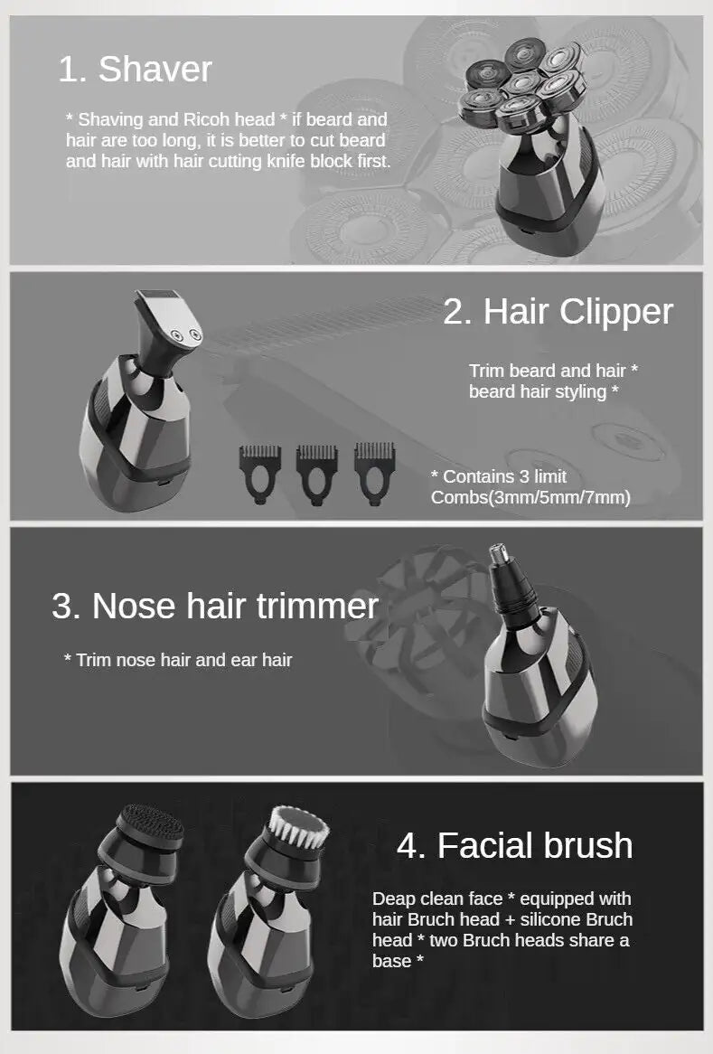 7D Cordless Shaver Hair Trimmer Men’s 5-In-1 Electric Head Shaver Razor Men Wet - Anti Spier 