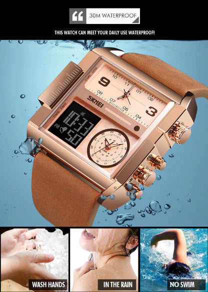 SKMEI Men Watch Large Dial Digital Quartz Sport Stopwatch Leather Wristwatch New - Anti Spier 