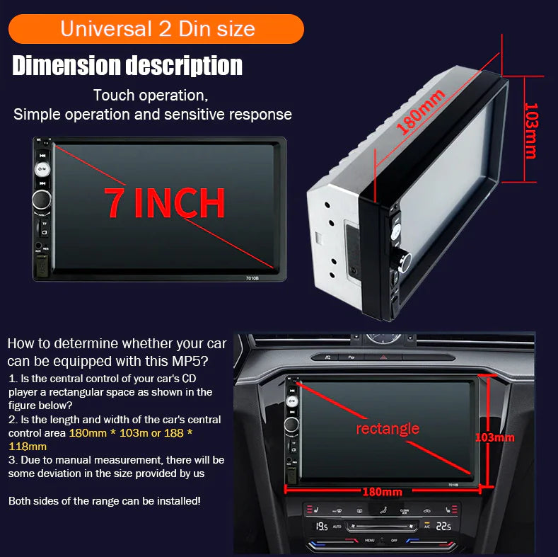 7" Double 2 DIN Car MP5 Player Bluetooth Touch Screen Stereo Radio With Camera - Anti Spier 