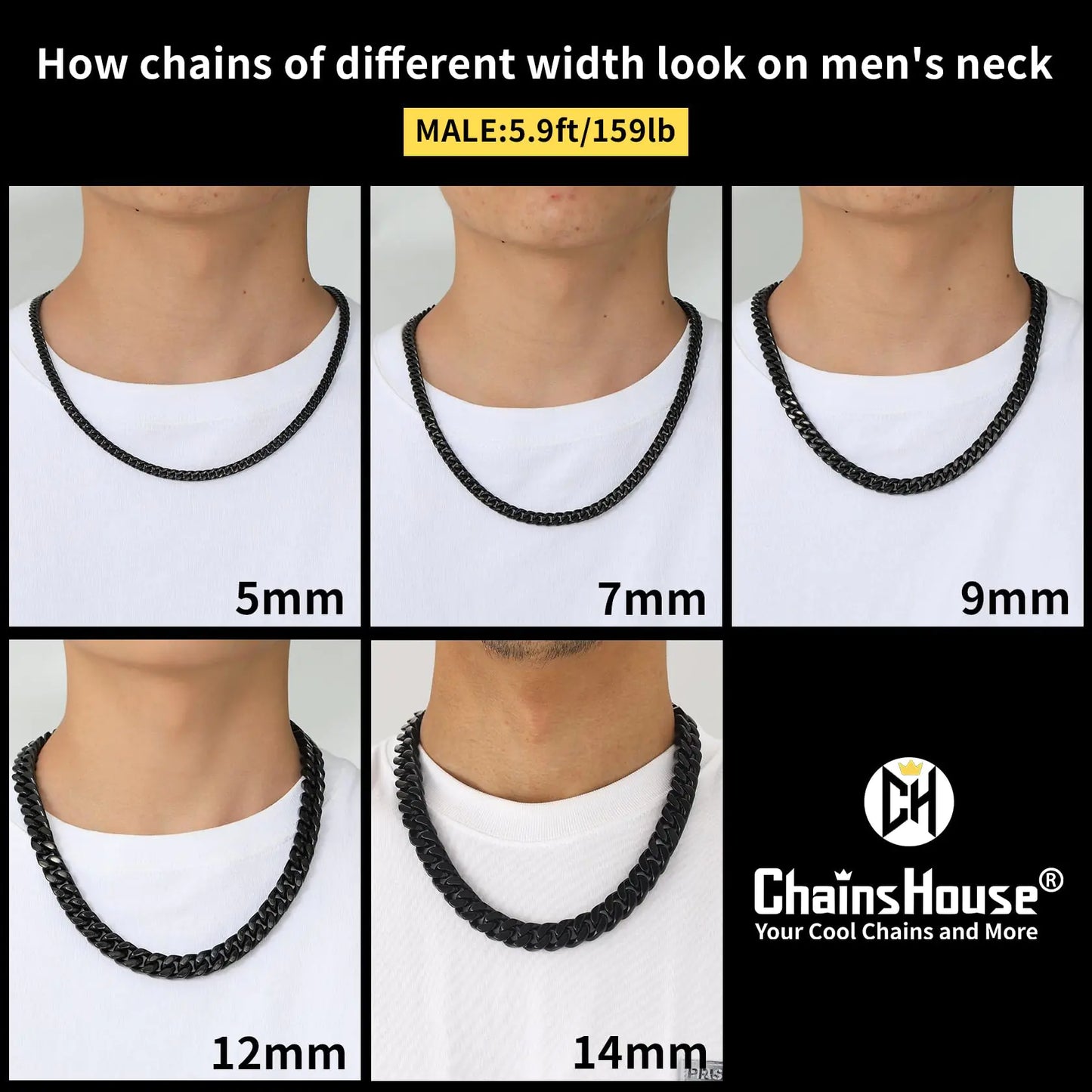 ChainsHouse Stainless Steel Mens Cuban Link Chain, Black/18K Gold Miami Cuban Chain Necklace, 5/7/9mm/12mm Width, No Tarnish& Durable Hip Hop Mens Jewelry, 18"-30", Send Gift Box 20 inches d. 12mm width-black