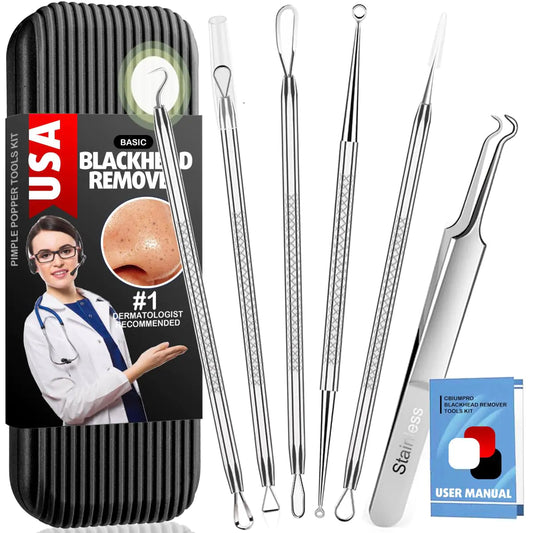 Cbiumpro Blackhead Remover Tools, Pimple Popper Tool Kit, Blackhead Extractor Tool, Zit Popper Tool, Professional Pimple Extractor Tool for Blackhead, Acne, Whitehead, Comedone on Nose - with Case Pimple Popper Tools 6 Pack - Cool Black