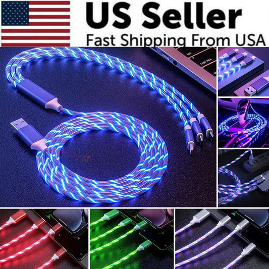 3 in 1 LED Fast Charging Cable Adapter For iPhone Micro USB Type C Charger Cord