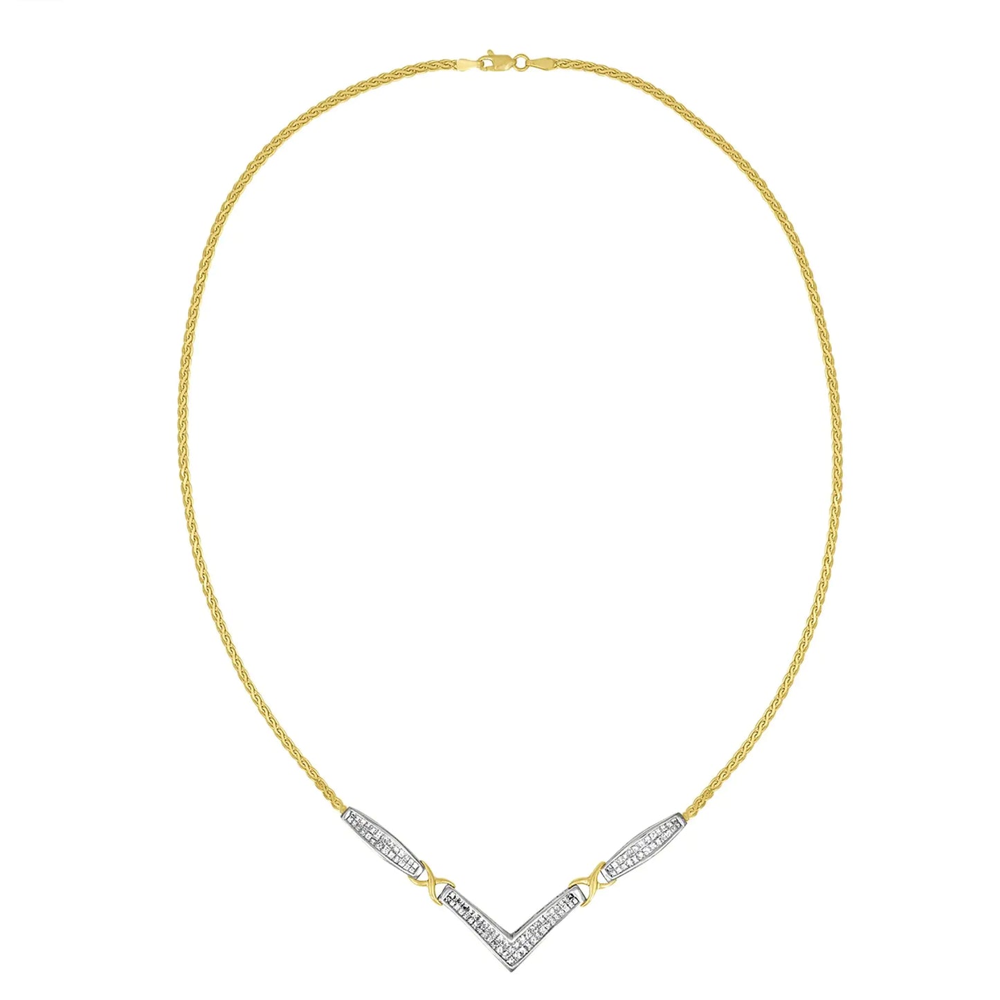 14K Yellow and White Gold 2.0 Cttw Princess Cut Diamond Flared and X-Station V Shaped 18” Franco Chain Statement Necklace (H-I Color, SI2-I1 Clarity) - Anti Spier 