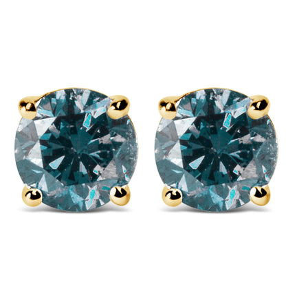 14K Gold Round Brilliant Cut Lab Grown Blue Diamond 4-Prong Classic Solitaire Stud Earrings with Pushbacks - Anti Spier 