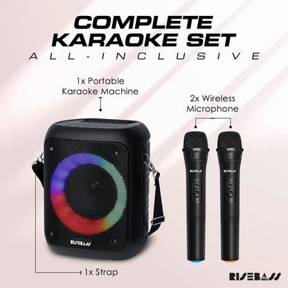 Risebass Portable Karaoke Machine with 2 Wireless Microphones - Bluetooth Rechargeable Speaker with USB/SD/TF Card Support, AUX-in, Tripod Screw Mount and Phone Slot. - Anti Spier 