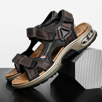 Men's sandals: genuine leather casual beach sandals, retro air-cushioned sandals, men's outdoor sandals