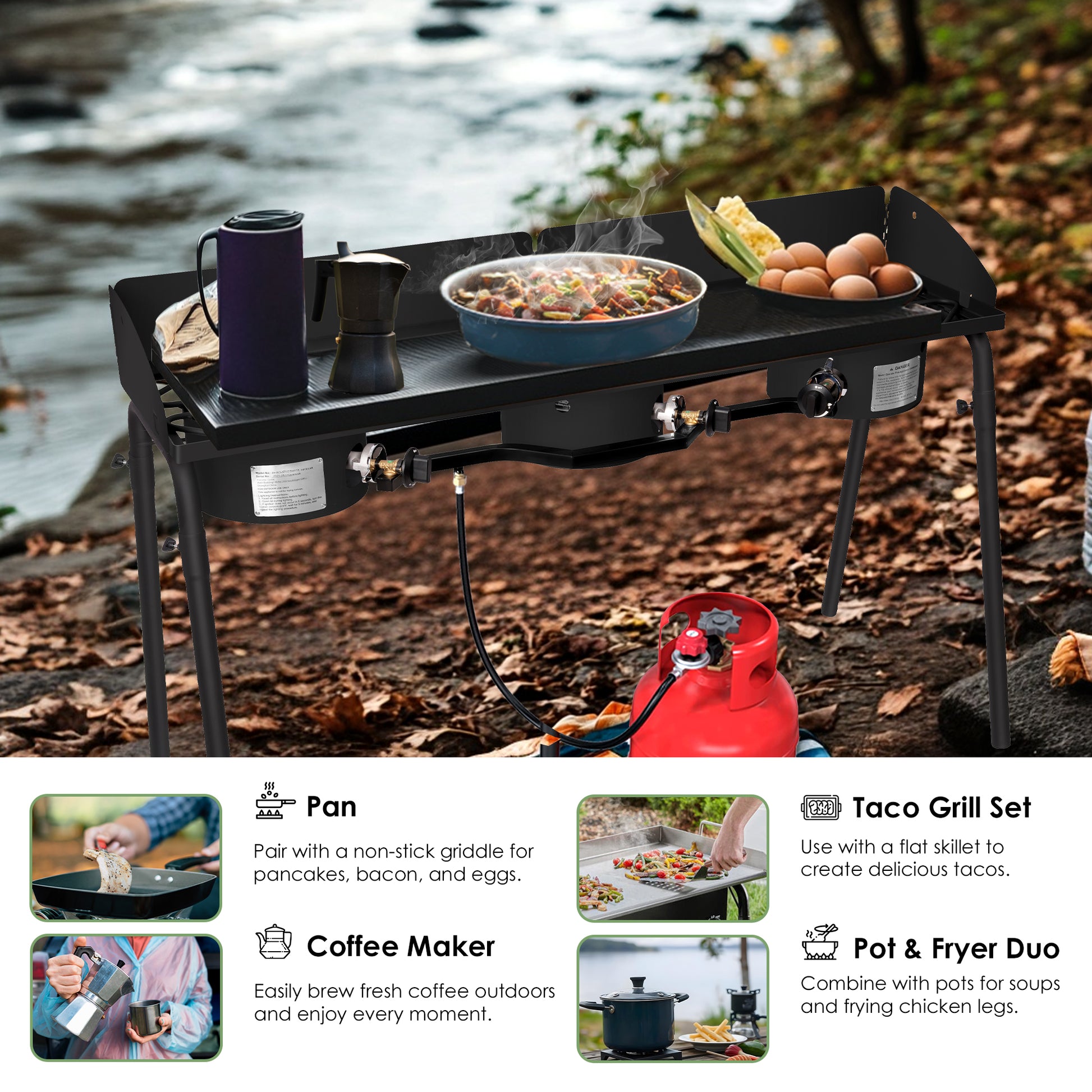 Three Burner Outdoor Portable Camping Gas Stove with Removable Legs, Portable Bag and Windshield, Camping Stove Propane for Cooking, CSA Certified, Outdoor Propane Burner by Dropsure