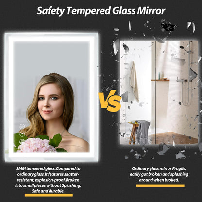 LED Bathroom Mirror 28 x 20 Inches with Front and Backlit,Anti-Fog,3 Colors and Dimmable Light,Tempered Glass by Dropsure