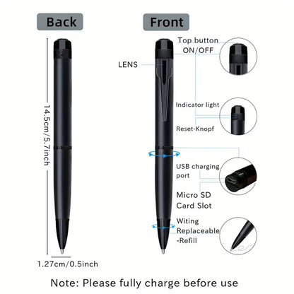 HD 1080P Pen Camera, 64GB Memory Card Included, Portable Mini Surveillance & Security Nanny Cam, Easy-to-Use, for Home Office Meeting Recording, Indoor/Outdoor Use