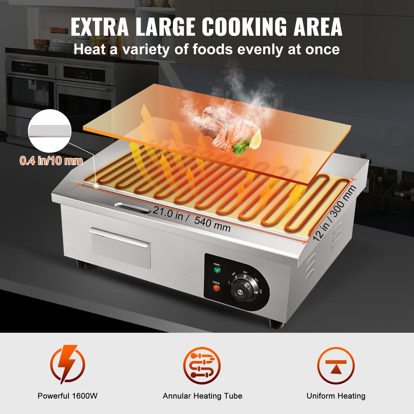 Commercial Electric Griddle, 21", 1600W Countertop Flat Top Grill, Stainless Steel Teppanyaki Grill with Iron Cooking Plate, 122-572℉ Adjustable Temp Control 2 Shovels & Brushes, 110V by Dropsure
