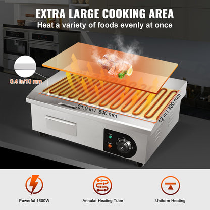 Commercial Electric Griddle, 21", 1600W Countertop Flat Top Grill, Stainless Steel Teppanyaki Grill with Iron Cooking Plate, 122-572℉ Adjustable Temp Control 2 Shovels & Brushes, 110V by Dropsure