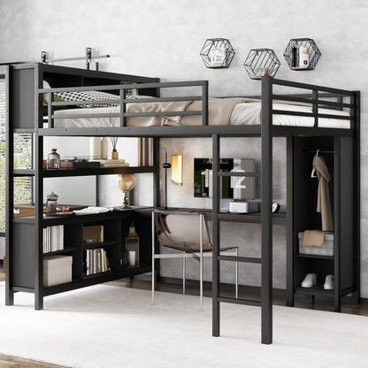 Metal Loft Bed with Wardrobe And L-shaped Desk, Queen Size Loft Bed with Storage Cubes and Shelves, Heavy Duty Loft Bed for Kids Teens Adults, Black by Dropsure