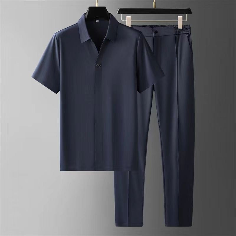 Ultra-thin high-end seamless laminated short-sleeved shirt for men's business and casual two-piece set