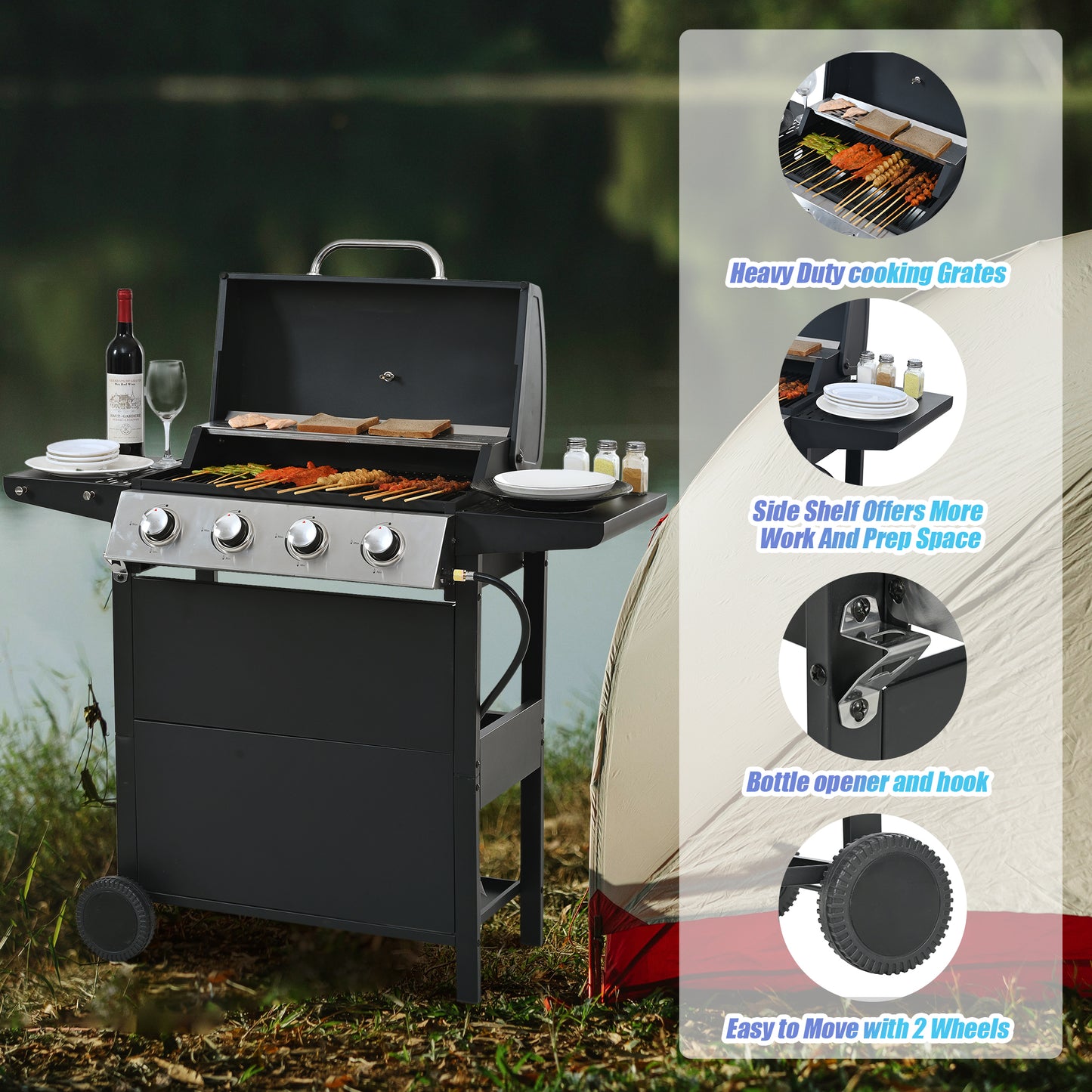 Propane Gas Grill 4 Burner Barbecue Grill, Stainless Steel 34,000 BTU Patio Garden Barbecue Grill with Two Shelves, Lid, Wheels and Bottle Opener by Dropsure