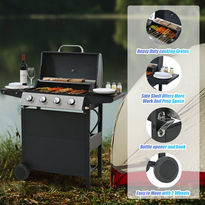 Propane Gas Grill 4 Burner Barbecue Grill, Stainless Steel 34,000 BTU Patio Garden Barbecue Grill with Two Shelves, Lid, Wheels and Bottle Opener by Dropsure
