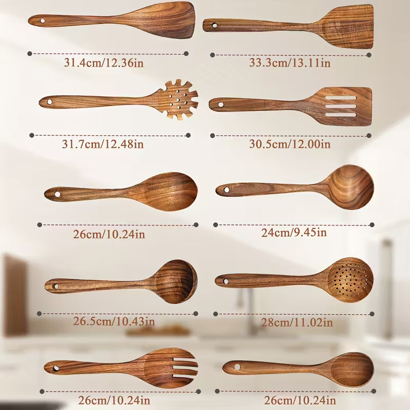 Non-Stick Cookware Set, Wooden Kitchen Utensils Kit, Heat Resistant Up to 450°F, 10pcs Pans Spatulas Slotted Wooden Kitchen Spoons, Elegant Heavy-Duty Wooden Utility Set, Cooking Tools for Baking Serving Everyday & Formal Cooking