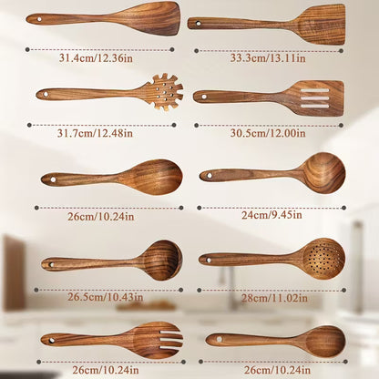 Non-Stick Cookware Set, Wooden Kitchen Utensils Kit, Heat Resistant Up to 450°F, 10pcs Pans Spatulas Slotted Wooden Kitchen Spoons, Elegant Heavy-Duty Wooden Utility Set, Cooking Tools for Baking Serving Everyday & Formal Cooking