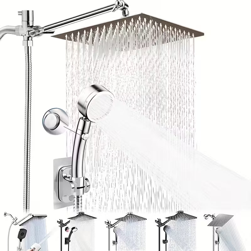 High-Pressure Shower Head with Handheld Spray - Combination Shower System, 9-Spray Settings (Rain & Handheld), Leak proof Shower heads with Flexible Hose & Bracket, Adjustable Height/Angle, Stainless Rainfall Shower head Suitable for Modern Bathrooms