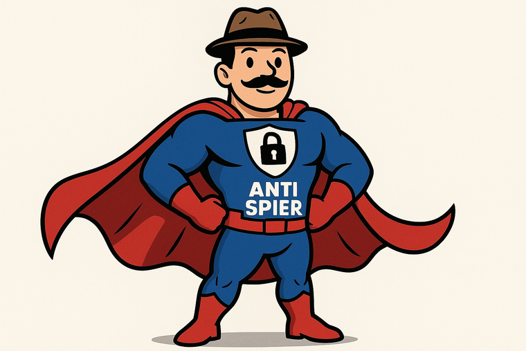 ANTI SPIER cartoon superhero character focused on safety, security and protection. Looks similar to superman mixed with the monopoly character without the mustache and a detective hat instead of a top hat