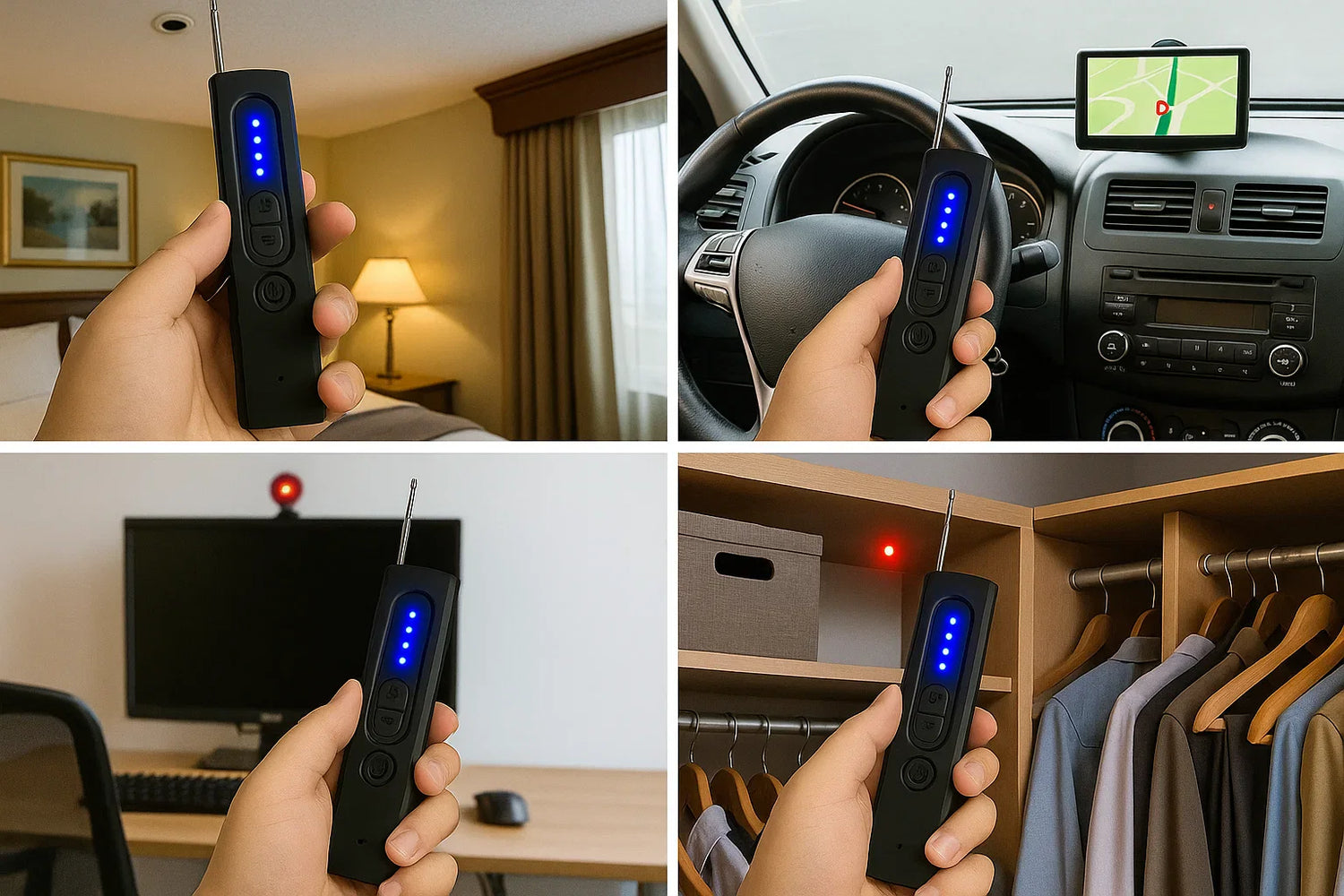 Spystopper Pro anti-spy surveillance detector in use detecting hidden devices in hotel room, car, office, and closet settings.