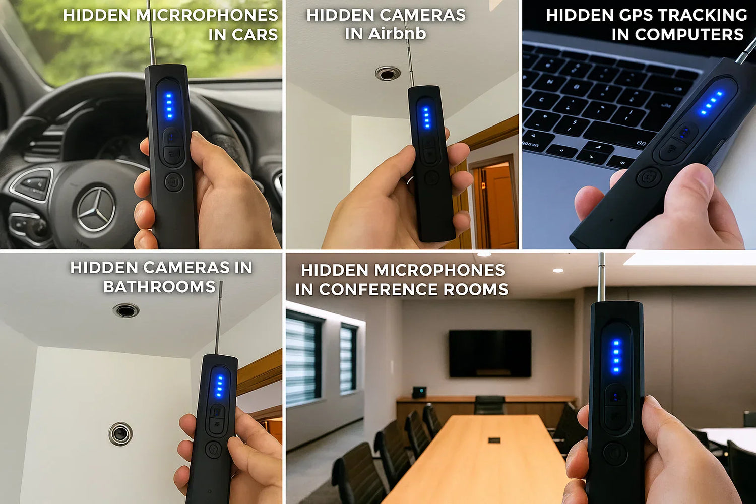 Spystopper Pro surveillance detector identifying hidden microphones, cameras, and GPS trackers in cars, Airbnb, computers, bathrooms, and conference rooms.