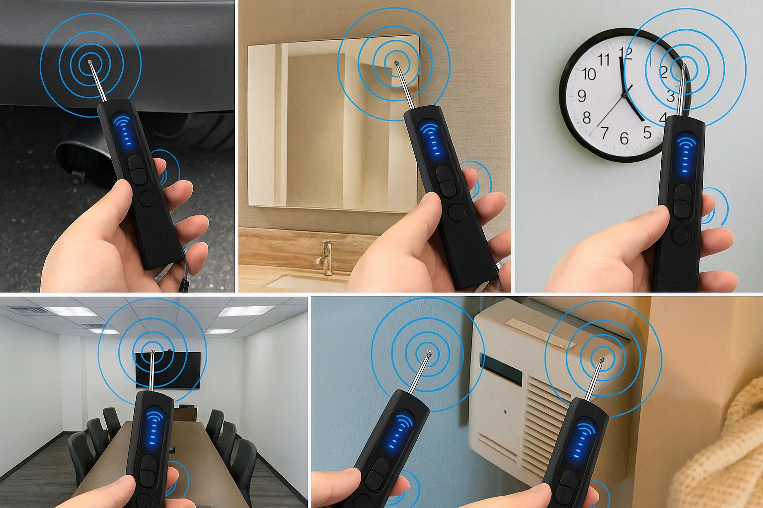 Spystopper Pro handheld black hidden camera detector with blue LED, scanning various indoor locations for surveillance devices.