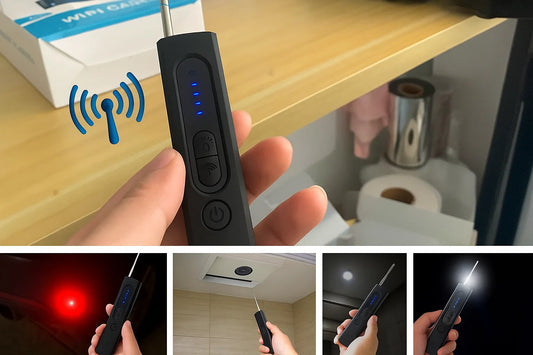 Spystopper Pro multi-functional anti-spy detector with adjustable sensitivity, LED indicator, and flashlight for hidden cameras and eavesdropping devices detection.