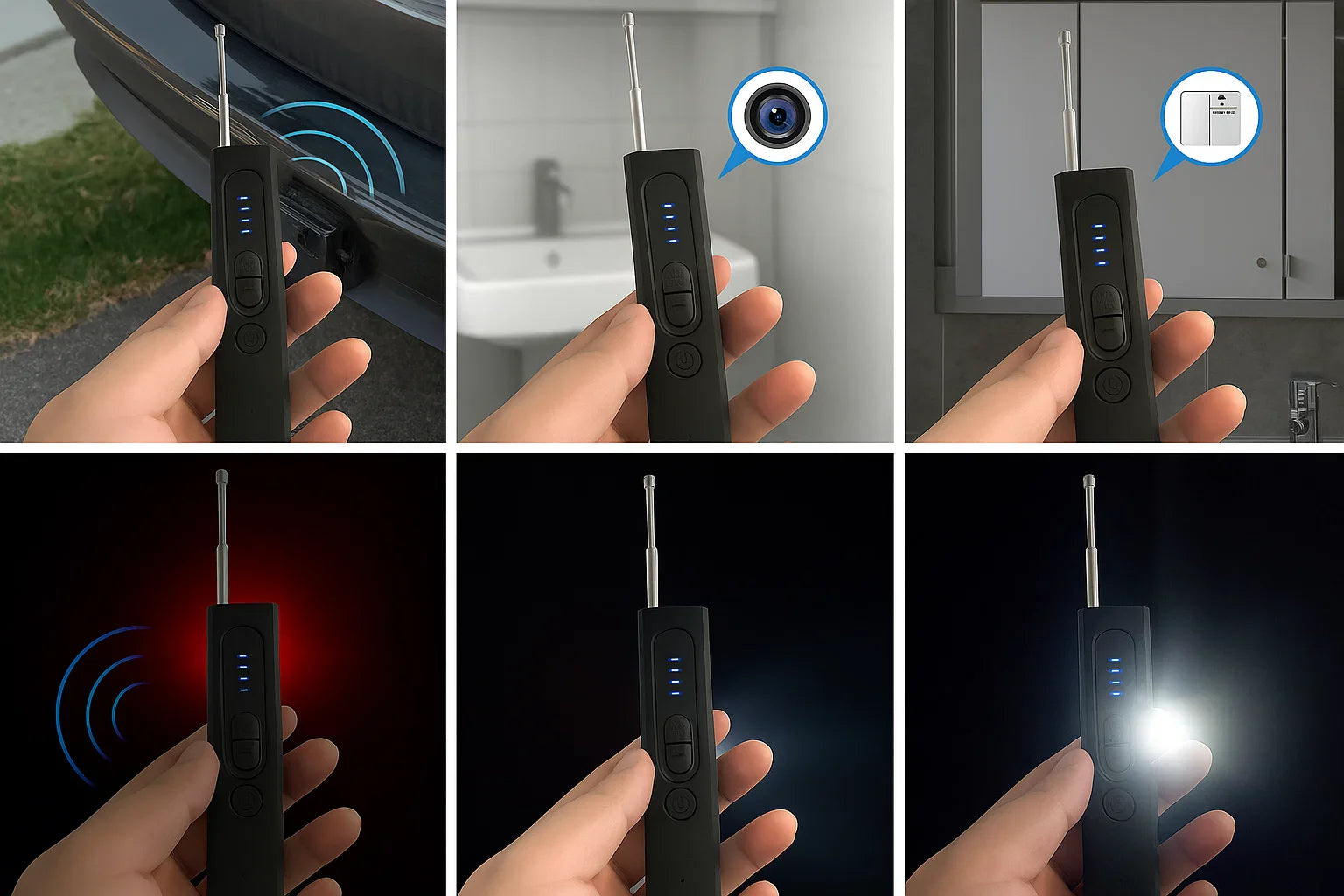 Spystopper Pro handheld black anti-spy detector device with antenna and blue LED indicators detecting hidden cameras and bugs in various indoor and outdoor settings.
