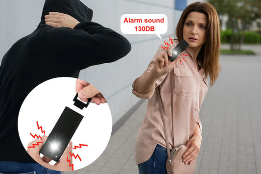 Woman using a personal security alarm with motion sensor and 130dB alert light to repel attacker outdoors