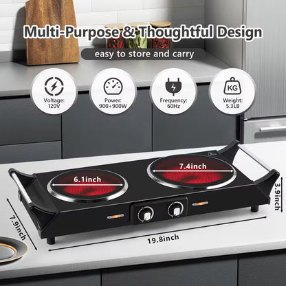 Single burner, Double Burner Electric Stove, Infrared Ceramic Cooktop With Dual Independent Control & Anti-Scald Handles - Portable Hot Plate For Home, Dorm, Camping & RV Use, Fast Heating, Easy To Clean by Anti Spier