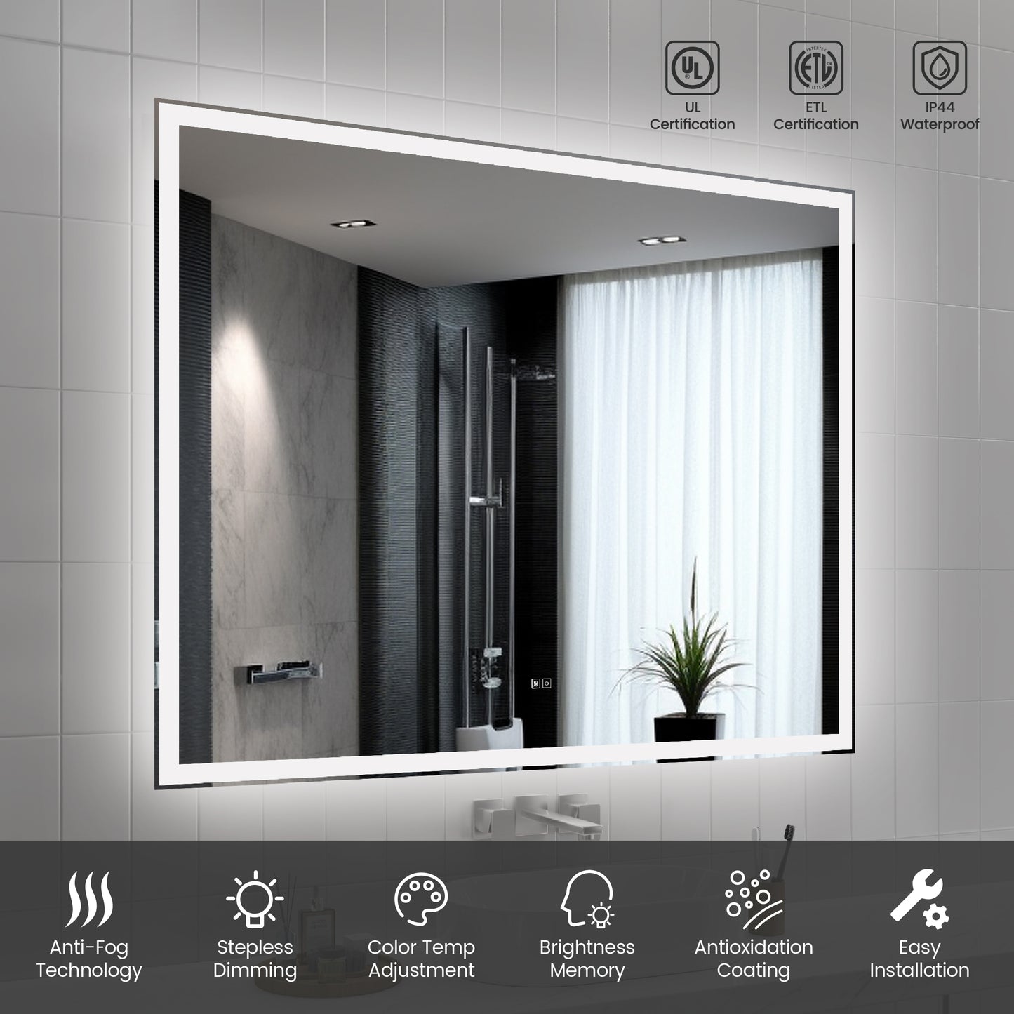 60"x48" Modern LED Smart Mirror with Hiden Light Bathroom Mirror, Front Lit & Back Lit With 3 Color Adjustable, Memory Function, Anti-Fog, Time Mode Control by Dropsure