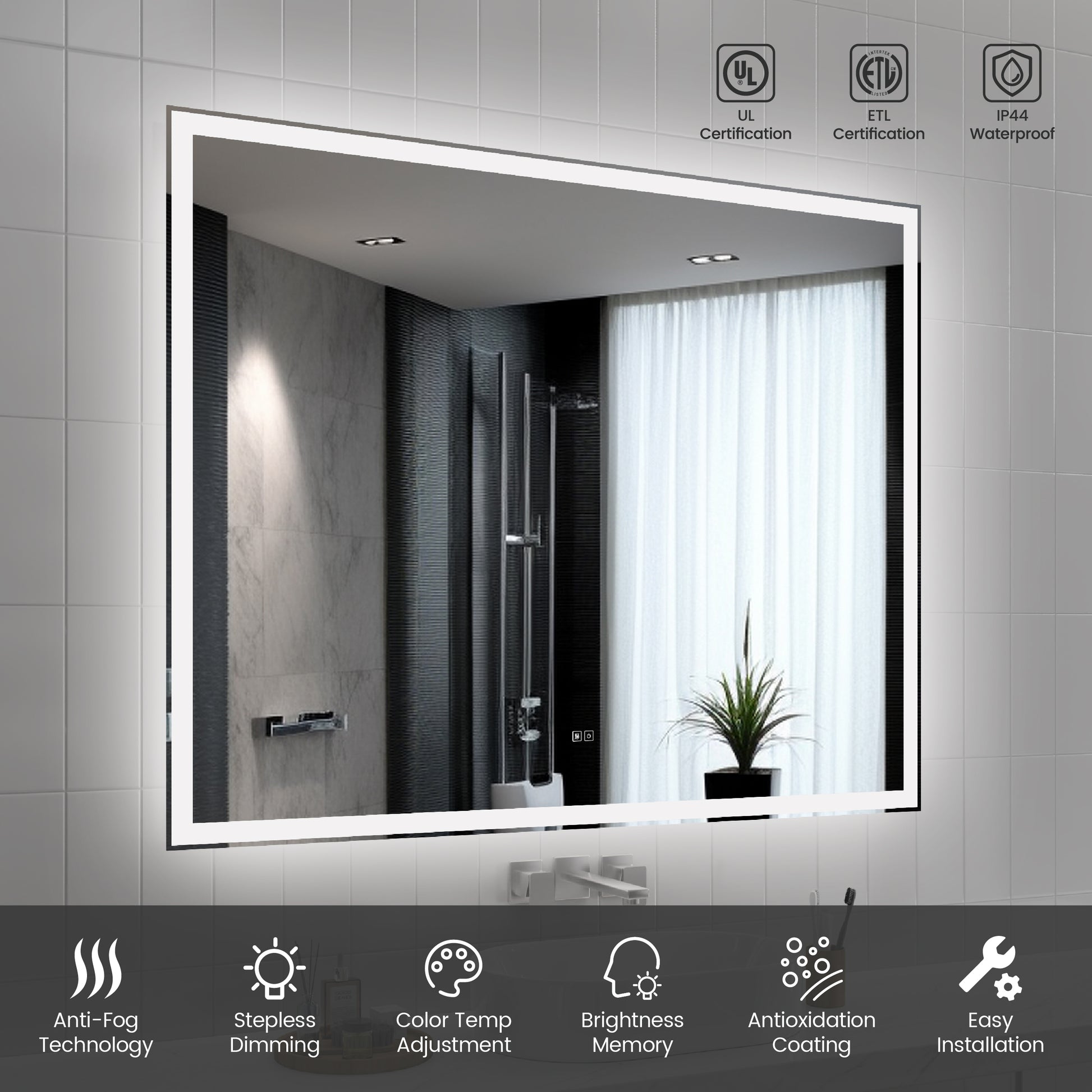 60"x48" Modern LED Smart Mirror with Hiden Light Bathroom Mirror, Front Lit & Back Lit With 3 Color Adjustable, Memory Function, Anti-Fog, Time Mode Control by Dropsure