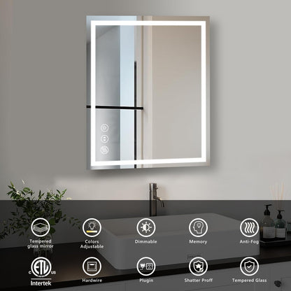 LED Bathroom Mirror 28 x 20 Inches with Front and Backlit,Anti-Fog,3 Colors and Dimmable Light,Tempered Glass by Dropsure
