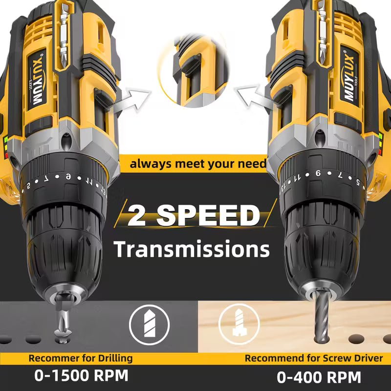20V 2-Variable Speed Cordless Drill Set, Impact Power Drill With 3/8 Inch Keyless Chuck, 18+3 Clutch Electric Drill, Max Torque 45Nm, Work Light, 2.0AH Batteries And Fast Charger