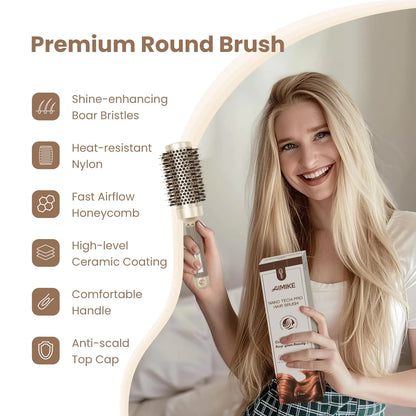 AIMIKE Round Brush, Nano Thermal Ceramic & Ionic Tech Hair Brush, Round Barrel Brush with Boar Bristles for Blow Drying, Styling, Curling, Add Volume & Shine (2.9 inch, Barrel 1.7 inch) + 4 Clips 43mm-1.7 Inch (2.9 Inch with Bristles)