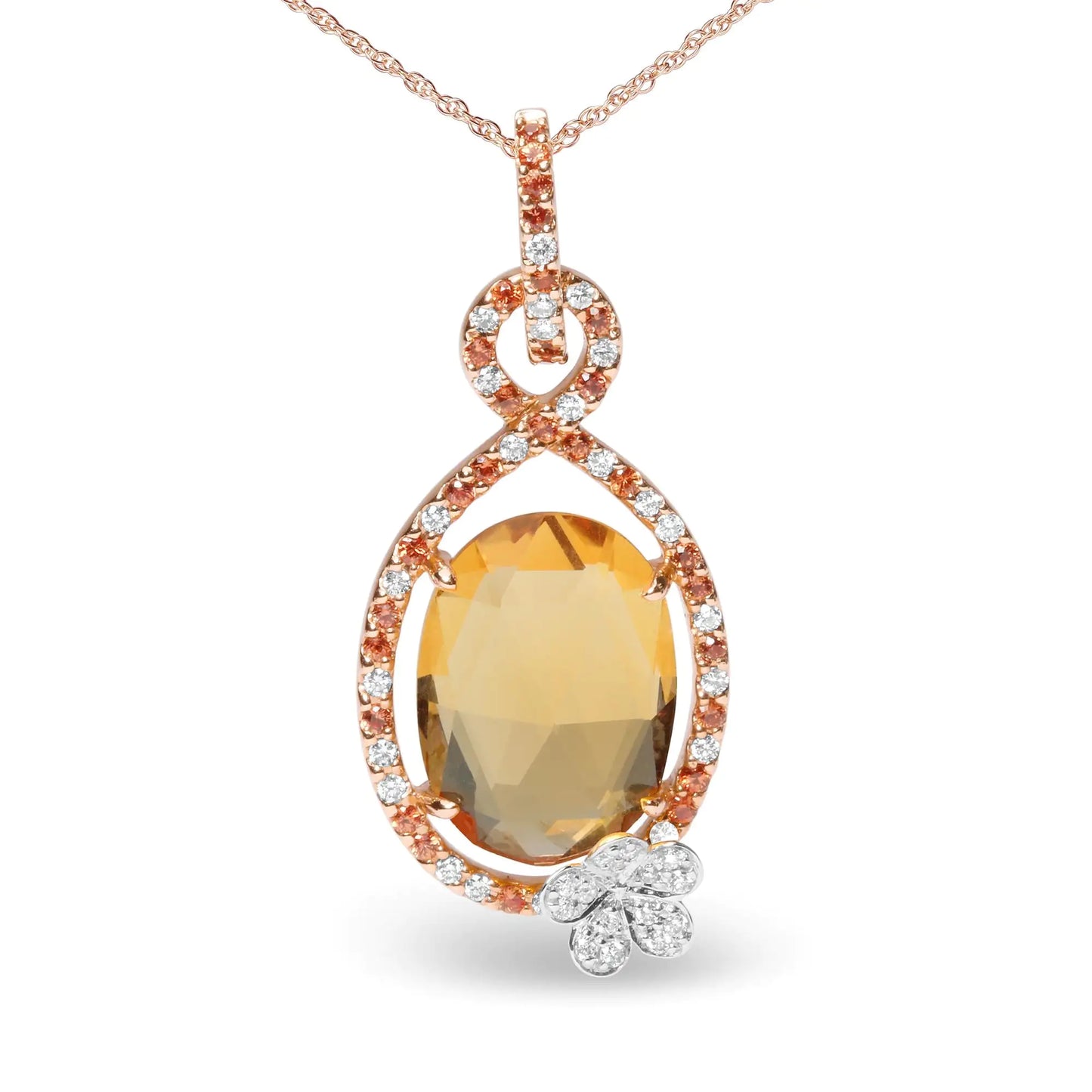 18K Rose Gold 1/5 Cttw Diamond and Oval Yellow Citrine and Round Orange Sapphire Gemstone Openwork Halo Teardrop with Flower Design 18" Pendant Necklace (G-H Color, SI1-SI2 Clarity) - Anti Spier 