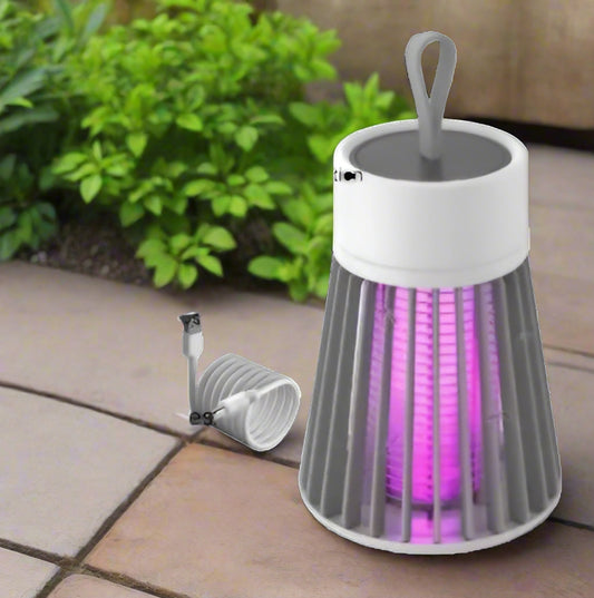 USB-powered mosquito killer with purple light wave on a gray background