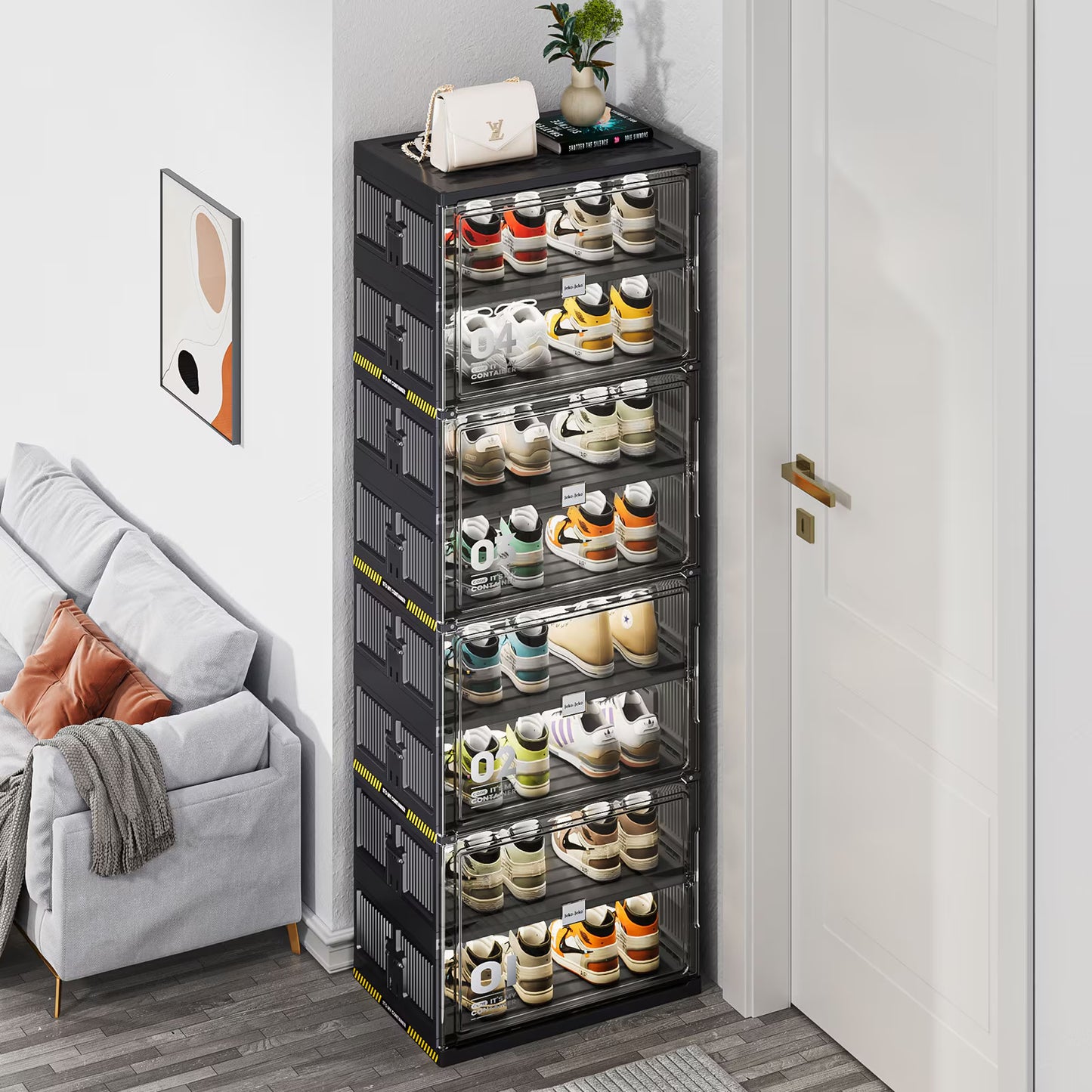 6 Tiers 12 Pairs Hard Plastic Shoe Storage Organizer Cabinet For Entryway, Large Stackable Collapsible Sneaker Shoe Box Organizer For Closet, Portable Folding Shoe Cabinet With Doors, Black