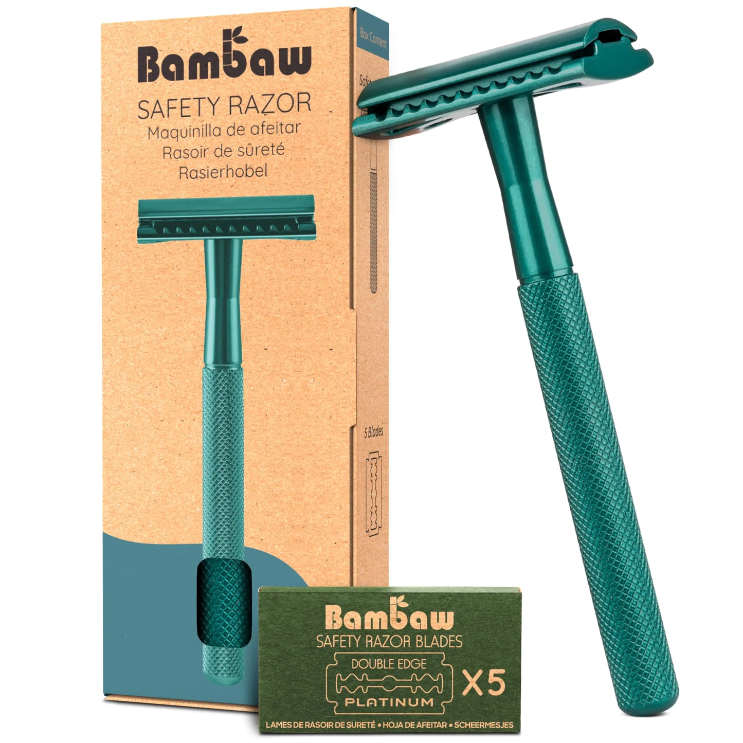 Bambaw Men Safety Razor with 5 Double Edge Safety Razor Blades, Single Blade Razor for Men & Women, Plastic Free Metal Razor – Sea Green 1 Count (Pack of 1) Sea Green Razor