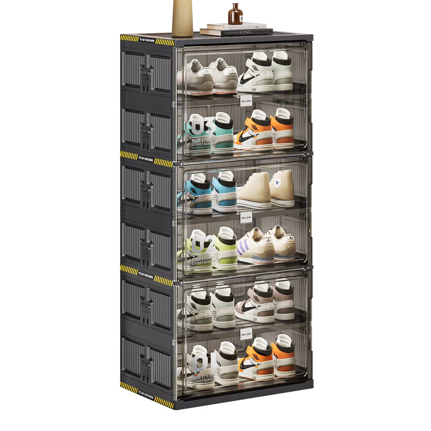 6 Tiers 12 Pairs Hard Plastic Shoe Storage Organizer Cabinet For Entryway, Large Stackable Collapsible Sneaker Shoe Box Organizer For Closet, Portable Folding Shoe Cabinet With Doors, Black