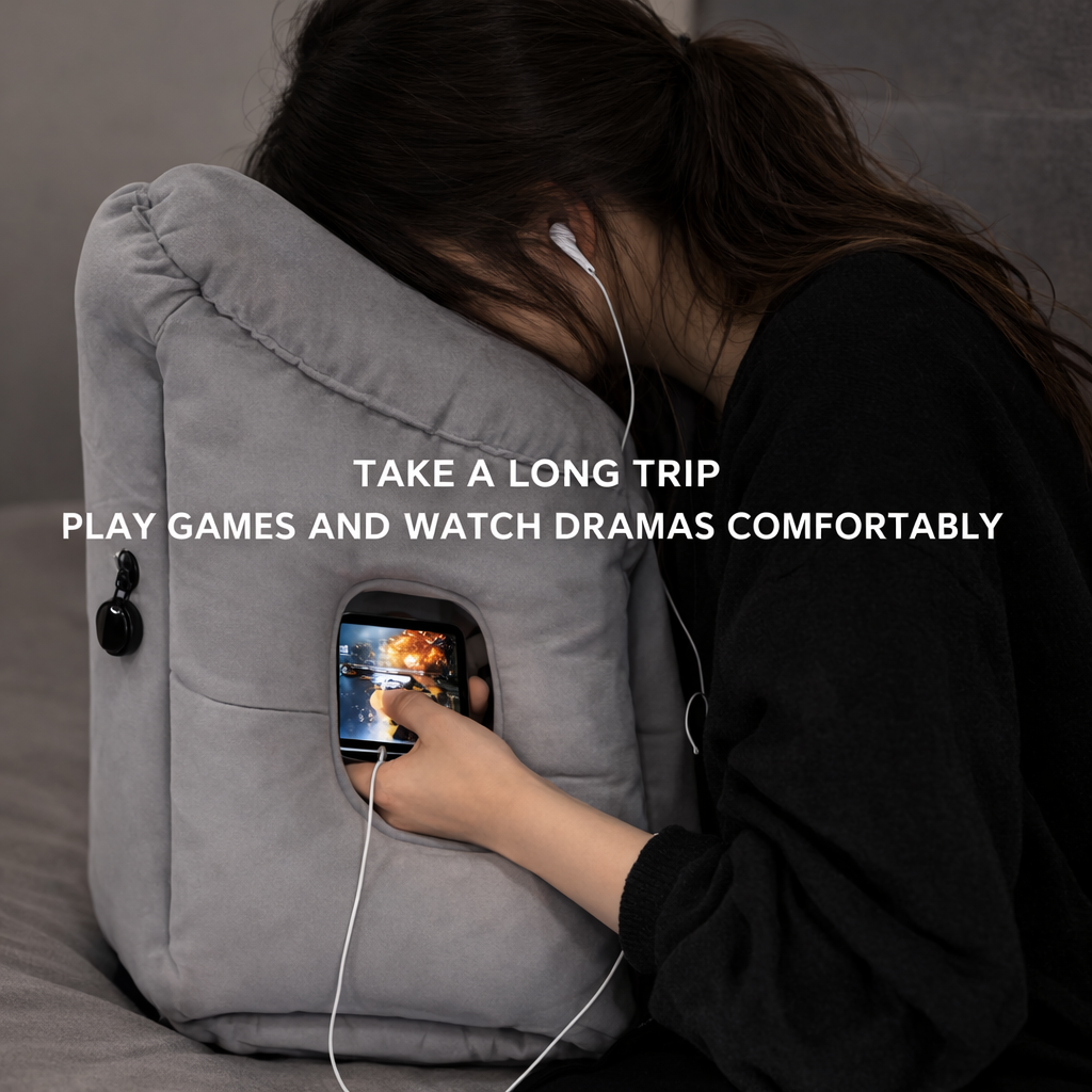 Nap Pillow - Comfortable Neck Support For Aviation, Train, Car And Office Use, Portable and Inflatable, Easy Nap Air Cushion, Soft Microfiber Cover, Gray